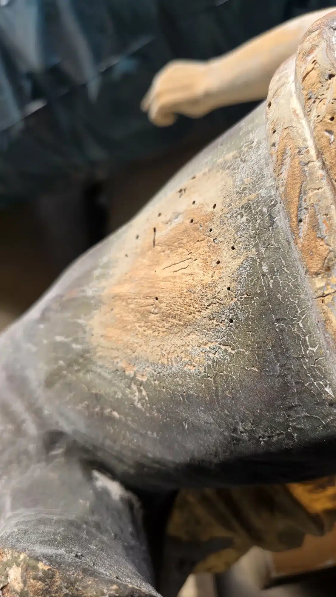 Zahlreiche Holzwurm-Bohrlöcher im freigelegten Holz der Heiligenfigur