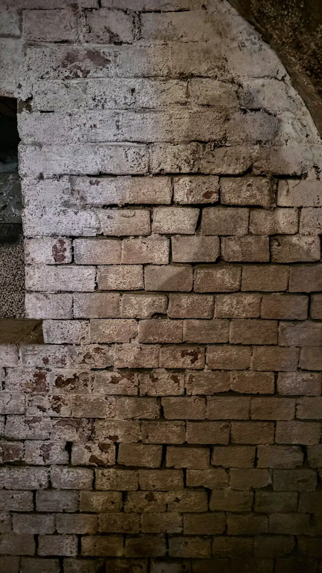 Detailaufnahme der verputzten Ziegel vor dem Sandstrahlen